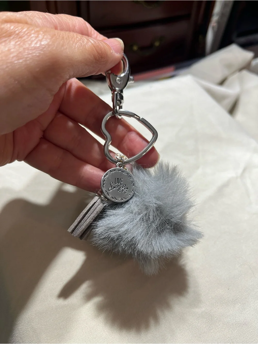 Silver Heart Pom-Pom Keychain with Gray Fur Charm